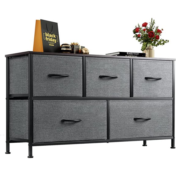 Fabric Dresser for Bedroom & Living Room with 5 Drawers,Furniture Storage Chest Tower Unit for Hallway, Closet & Office Organization-Steel Frame, Wood Top, Easy Pull Fabric Bins