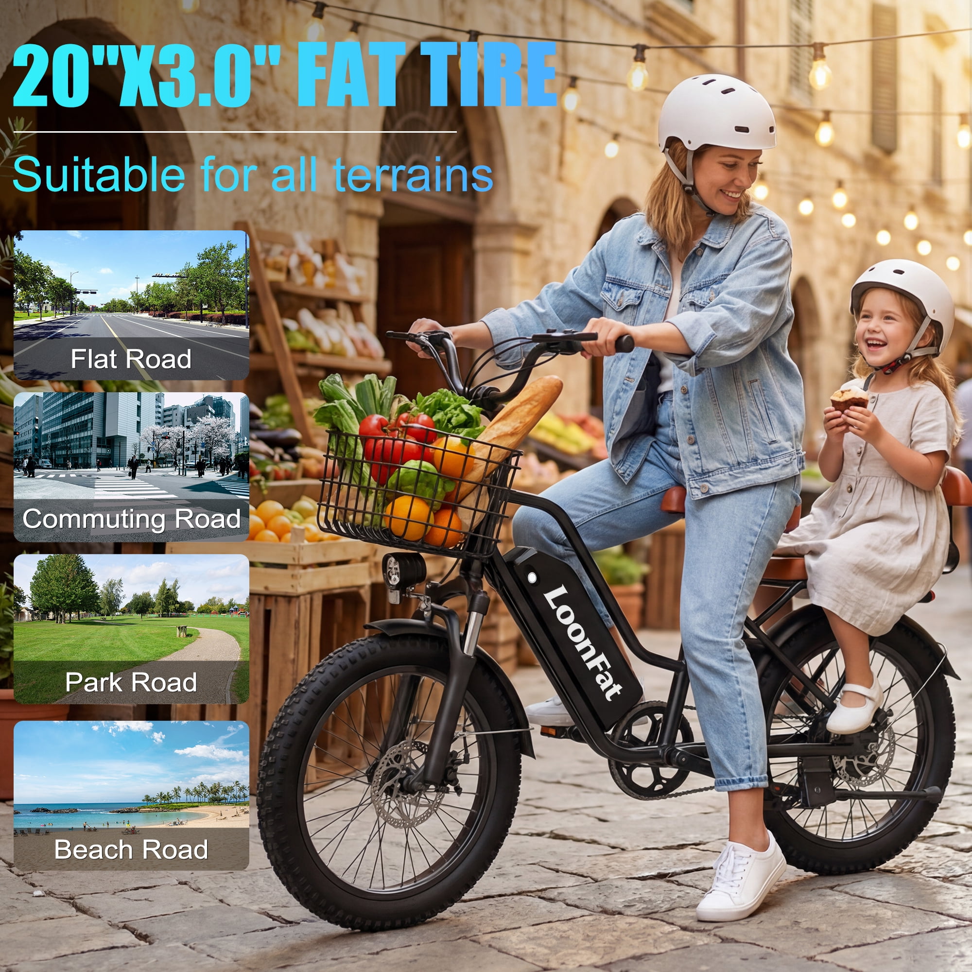 LoonFat T20 Adult Electric Bike, 1000W peak motor, 48V 15.6Ah removable battery, 20‘ x 3.0’ fat tyres, 25 mph, up to 30-mile range, black