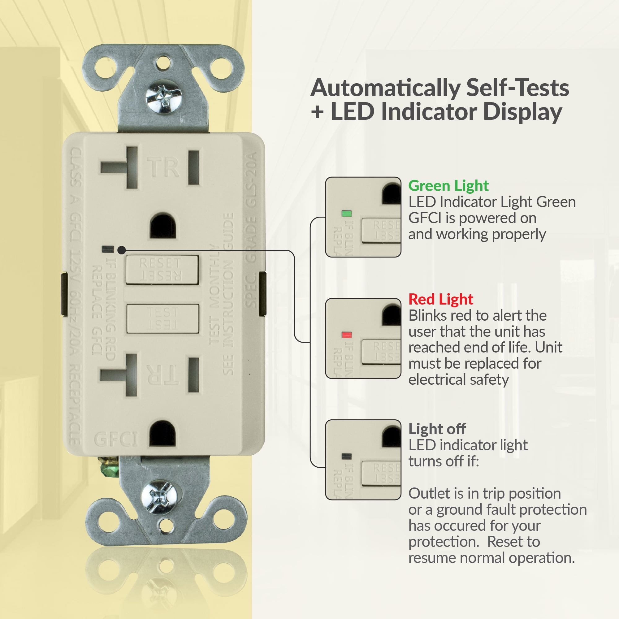 Faith 20A GFCI Outlets, Slim, Tamper-Resistant GFI Receptacles with Wall Plate, Lt Almond, 10-Pk