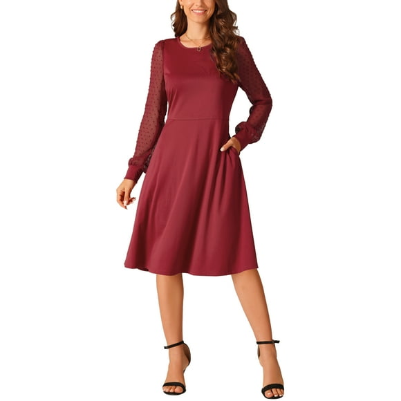 INSPIRE CHIC Vestidos de Manga Larga para Mujeres Cuello Redondo Elegante Vestido de Cóctel Fiesta Trabajo Largo hasta la Rodilla L Rojo Vino