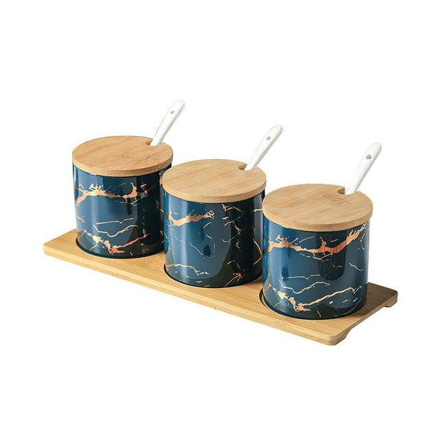 Simple Emerald Ceramic Spice Jar Set Safe Home Restaurant Seasoning Box Non-toxic Storage with Lid and Spoon Gift Set Not Fade with Wooden Pallet for Seasoning Storage