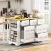 Kitchen Island with 6 Drawers, Pull Out Trash Can Storage, Rolling Kitchen Island on 5 Wheels with Drop Leaf, Power Outlet, 5 Open Side Racks for Kitchen, Dining Room, White