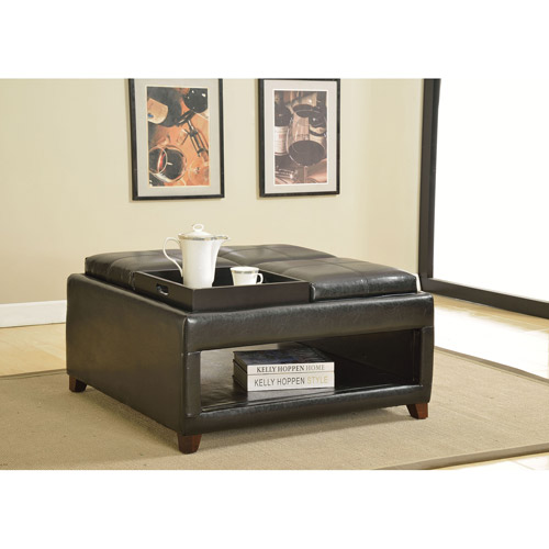 Faux Leather Ottoman with 4 Trays, Espresso