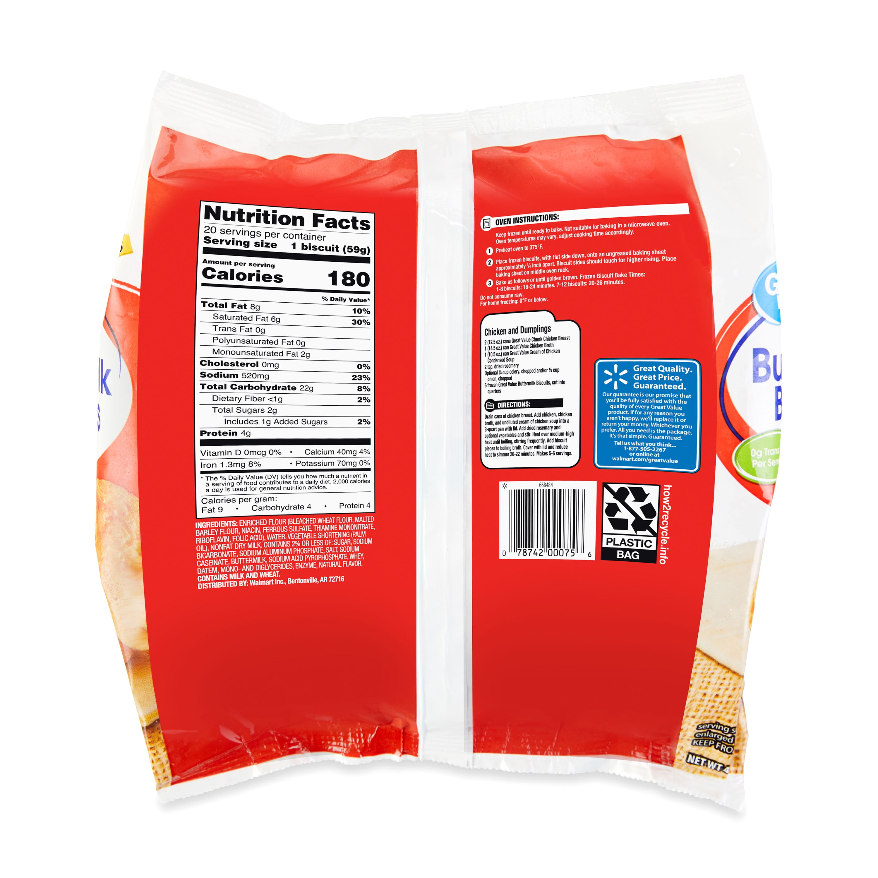 Great Value Buttermilk Biscuits, 41.6 oz, 20 Count