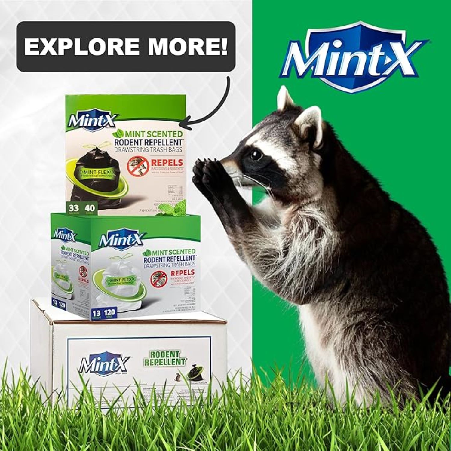 Mint-X 33 Gallon Drawstring Trash Bags, Mint Flex Rodent Repellent, 33 Gallon, 90 Count