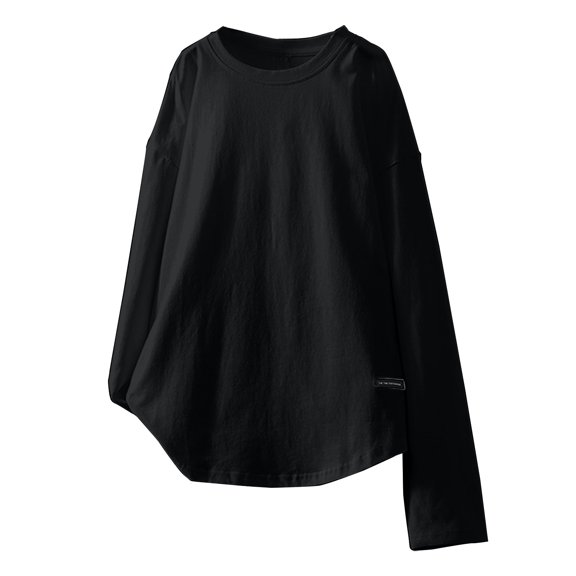 Pumxq Oversized Long Sleeve T Shirts for Women Side Split Round Hem Crew Neck Cotton Work Out Casual Fall Tunic Tops Black L
