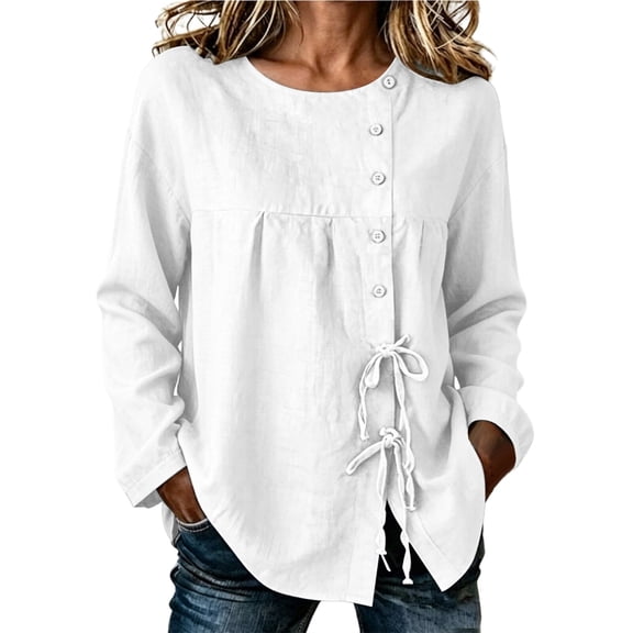 Klisyaur Womens Crew Neck Shirts Side Button Up Long Sleeve Tunic Tops Casual Loose Comfy Fall Winter Blouses