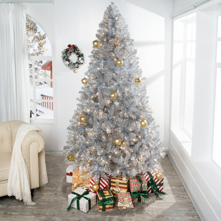 Giselle 7.5ft Silver Prelit Christmas Tree with 1412 Branch Tips 600 Warm Lights and Metal Stand 53