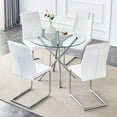 thumbnail image 2 of LUFTUT 5-Piece 36.6 Inch Round Dining Table Set for 4, Modern Glass Top Kitchen Table with 4 White PU Chairs, Silver Chrome Base Minimalist Dinner Set for Small Spaces, 2 of 8