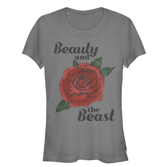 Junior's Beauty and the Beast Rose  Graphic Tee Charcoal Medium