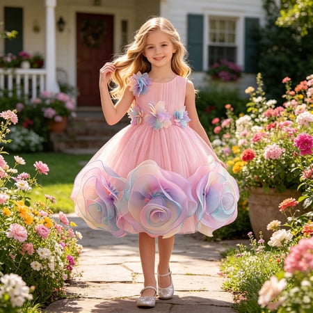 Xijirk Girls Floral Applique A-Line Part Years Dress Sleeveless La YearseMesh Dress for Events 3-4 Years