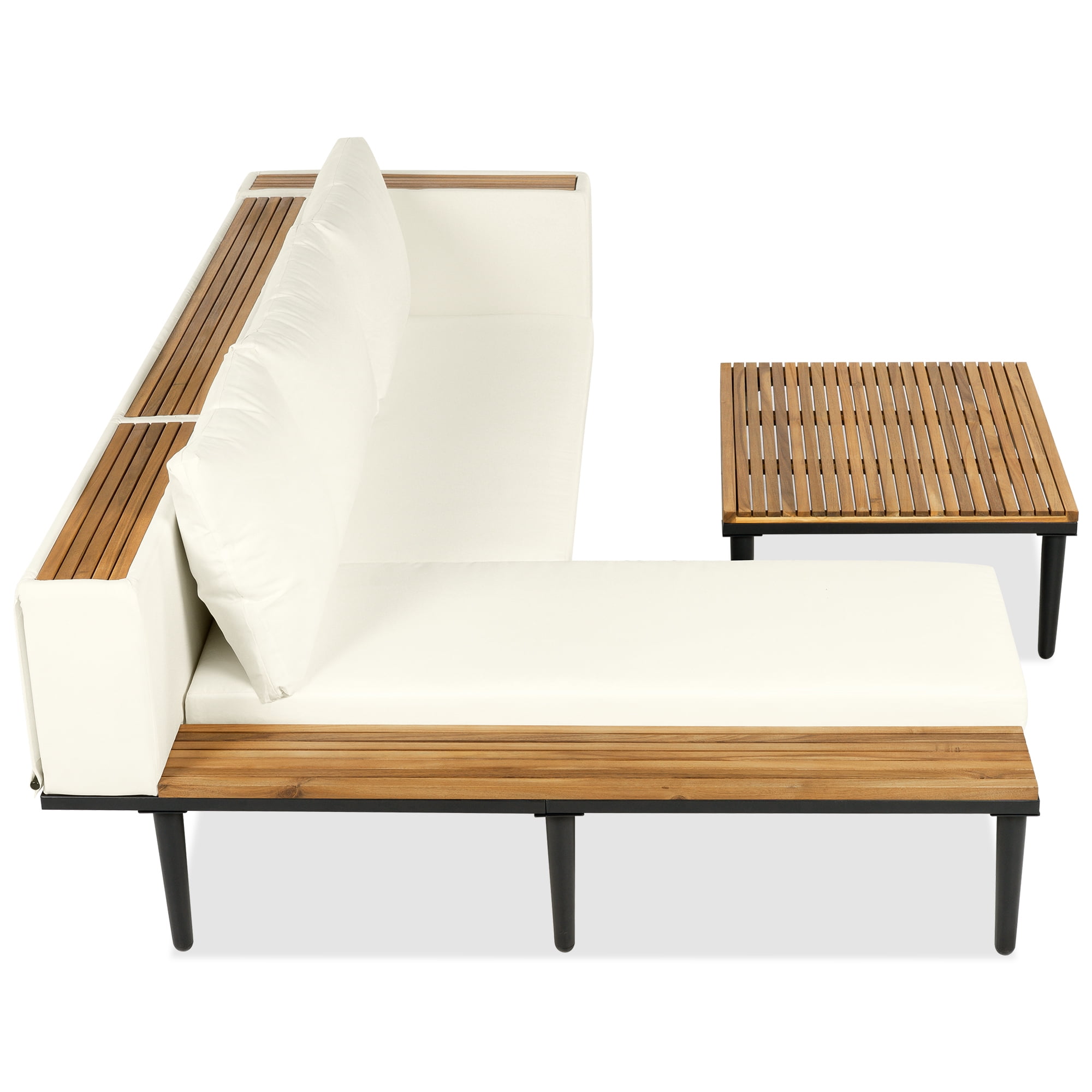 L-Shaped Outdoor Patio Sectional Sofa Set with Acacia Wood Coffee Table and Side Table, Removable Cushions and Backrest Pillows for Backyard Porch Deck Garden, Beige