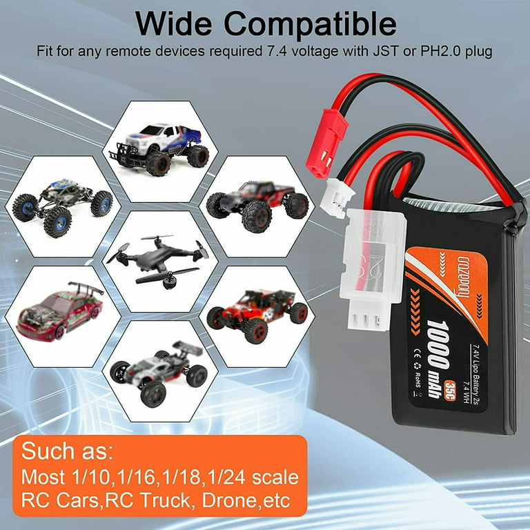  FancyWhoop 7.4V Lipo Battery 2S 1000mAh: 35C Battery with PH2.0  & JST Plug A xial SCX24 Lithium Batteries 2 Pack Rechargeable Batteries for  WL Toys RC Car Most 1/10 1/16 1/18