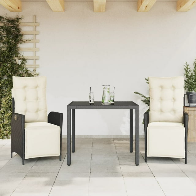 vidaXL 3 Piece Garden Dining Set with Cushions Black Poly Rattan