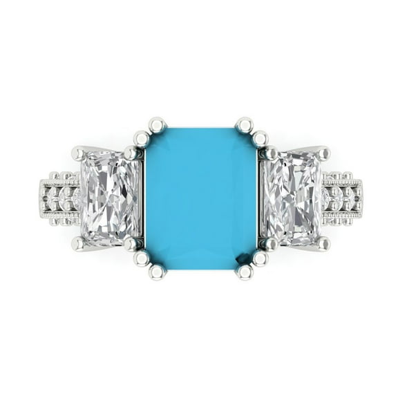 4.27 ctw 3 Stone Anniversary Ring for Women | Emerald Cut Simulated Turquoise | Hyperallergenic Solid 18K White Gold