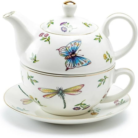 Grace Teaware Summer Garden Butterfly Drangonfly Fine Porcelain Tea For One Set, Regular