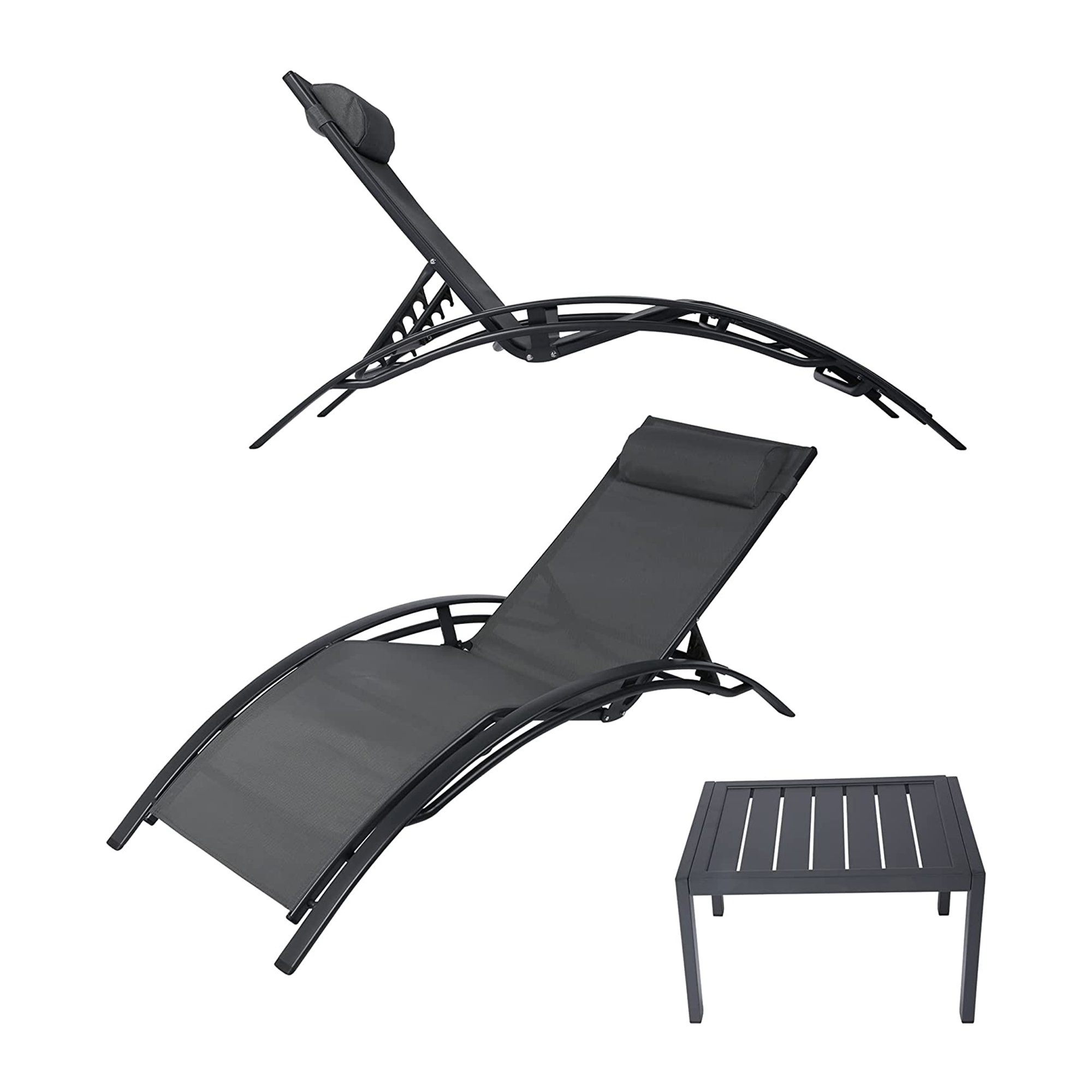 KARMAS PRODUCT Chaise Lounge Aluminum Chair Set of 2 w/Tea Table, Patio Lounge Chair Reclining 4 Adjustable Back Position w/Removable Cushions for Outdoor Beach Pool Backyard Garden Lawn,Gray - image 1 of 7