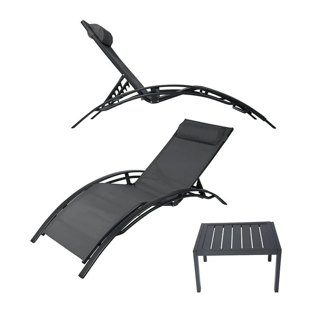 KARMAS PRODUCT Chaise Lounge Aluminum Chair Set of 2 w/Tea Table, Patio Lounge Chair Reclining 4 Adjustable Back Position w/Removable Cushions for Outdoor Beach Pool Backyard Garden Lawn,Gray