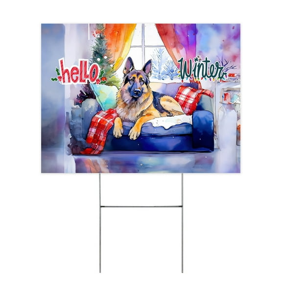 Watercolor Hello Winter German Shepherd Chill Christmas Welcome Yard Sign Alsatian Dog Lover Gifts Outdoor Home Lawn Garden Porch Decor - 00016