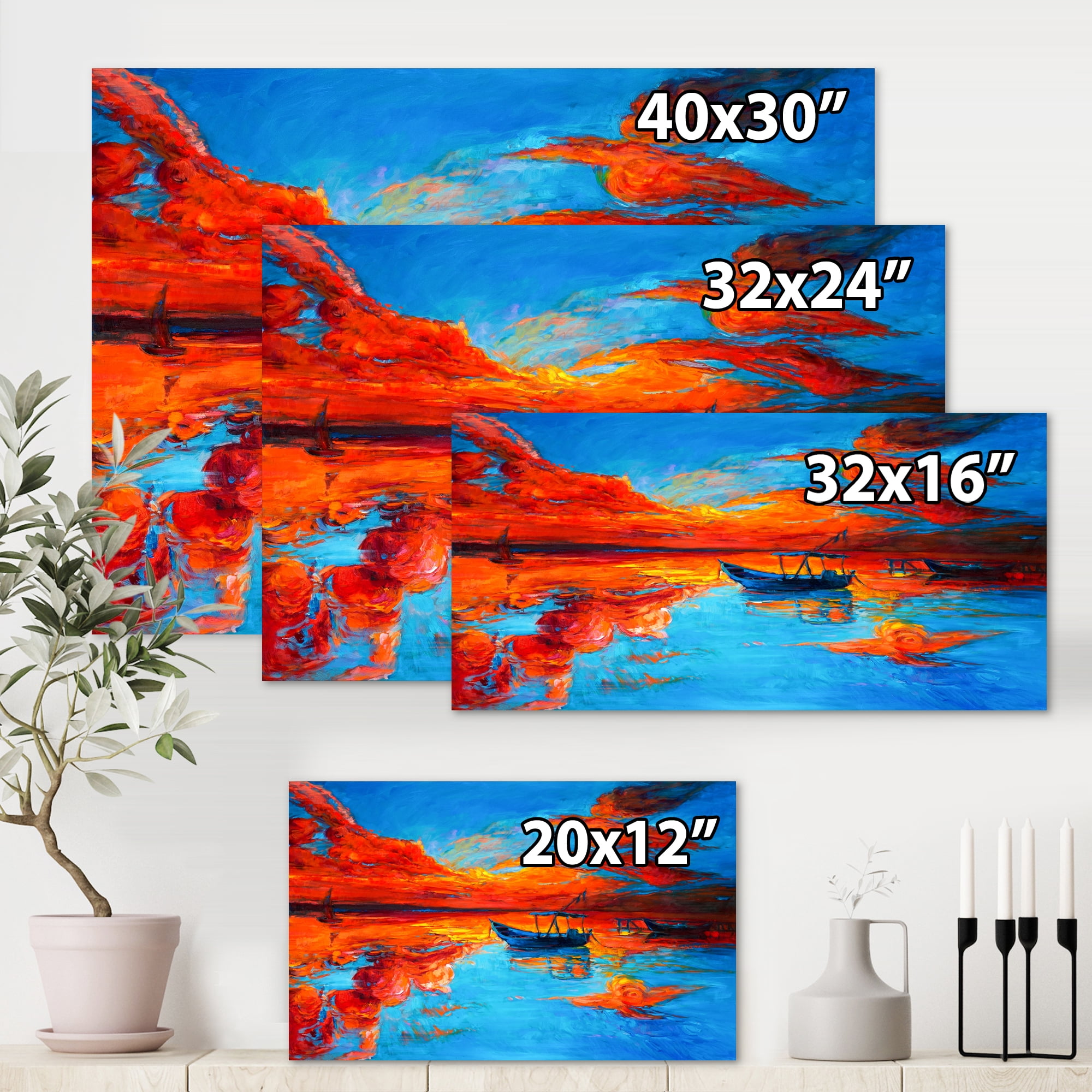 Designart ' Boats During Warm Sunset Resting On The Water VI ' Nautical & Coastal Canvas Wall Art Print