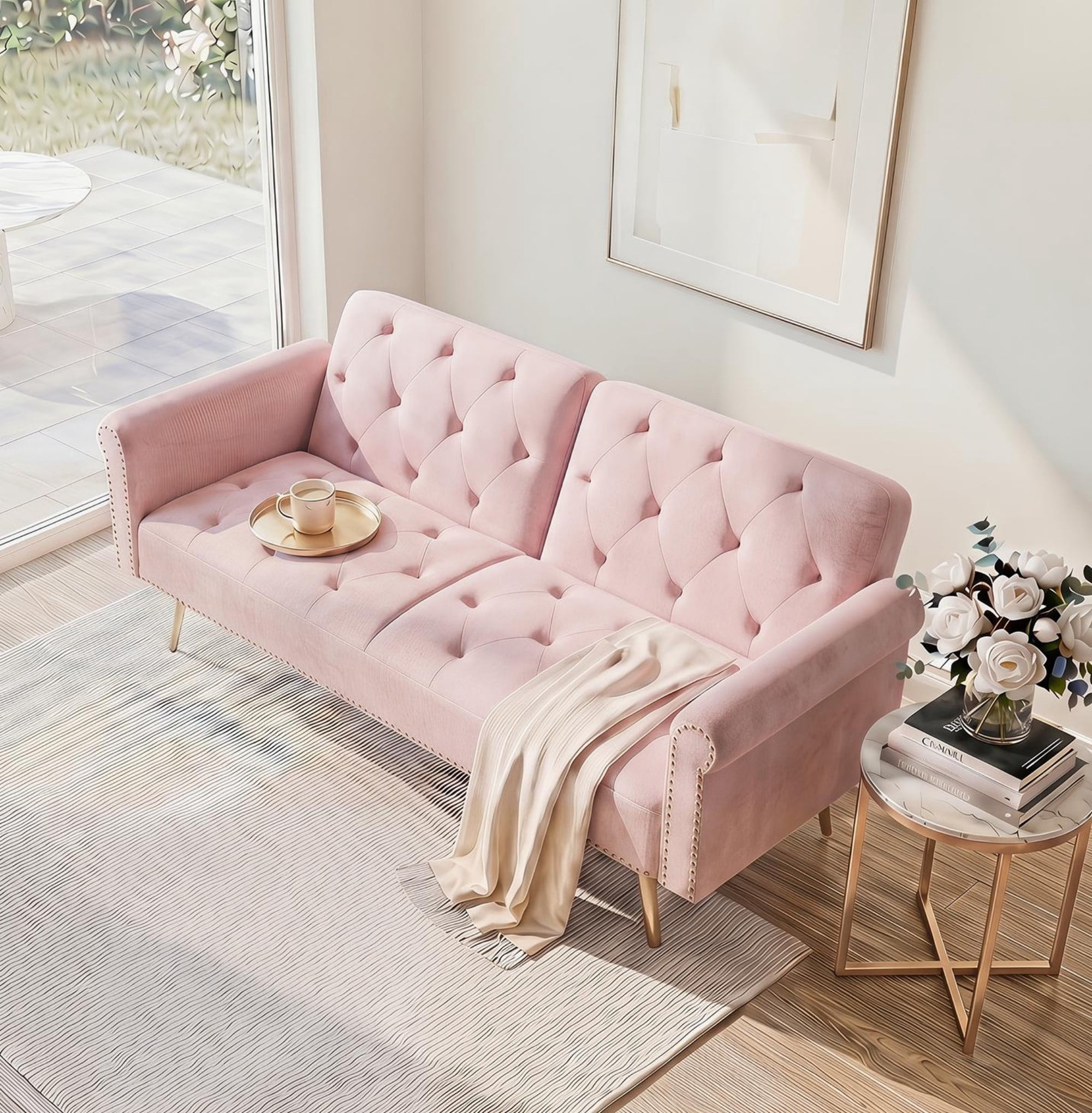Leumius 70" Loveseat Sofa,Convertible Futon Sofa Bed Velvet Sleeper Sofa Bed with Throw Pillow & Gold Metal Legs,2-Seat Loveseat for Living Room,Bedroom,Office,Pink