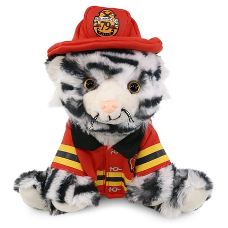 DolliBu Squat White Tiger Firefighter Stuffed Animal - Tiger Fireman Toy with Red Fireman Costume Outfit and Fireman Hat Cute Wild Life Stuffed Animal Fire Fighter Doll Plush Toy for Kids - 8 Inch
