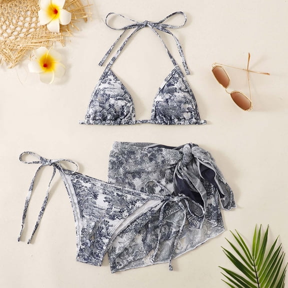 Conairie High Waisted Bikini Sets For Women Three Piece Swimsuit Solid Color Stretch Tummy Control Bathing Suit Loose Swimwear Summer Outfits Clothes Navy L