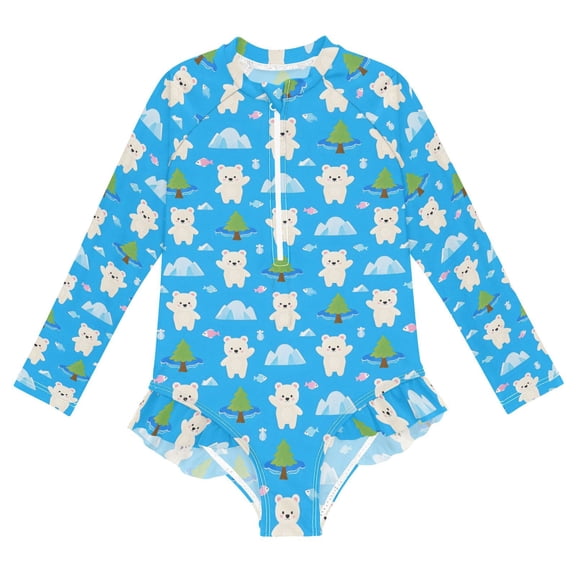 White Bear Mountain Tree Fish One-Piece Swimsuit Long Sleeve UV Sun Protection UPF50 Rashguard Front Zip Quick-Dry Swimwear for 3-12 Years