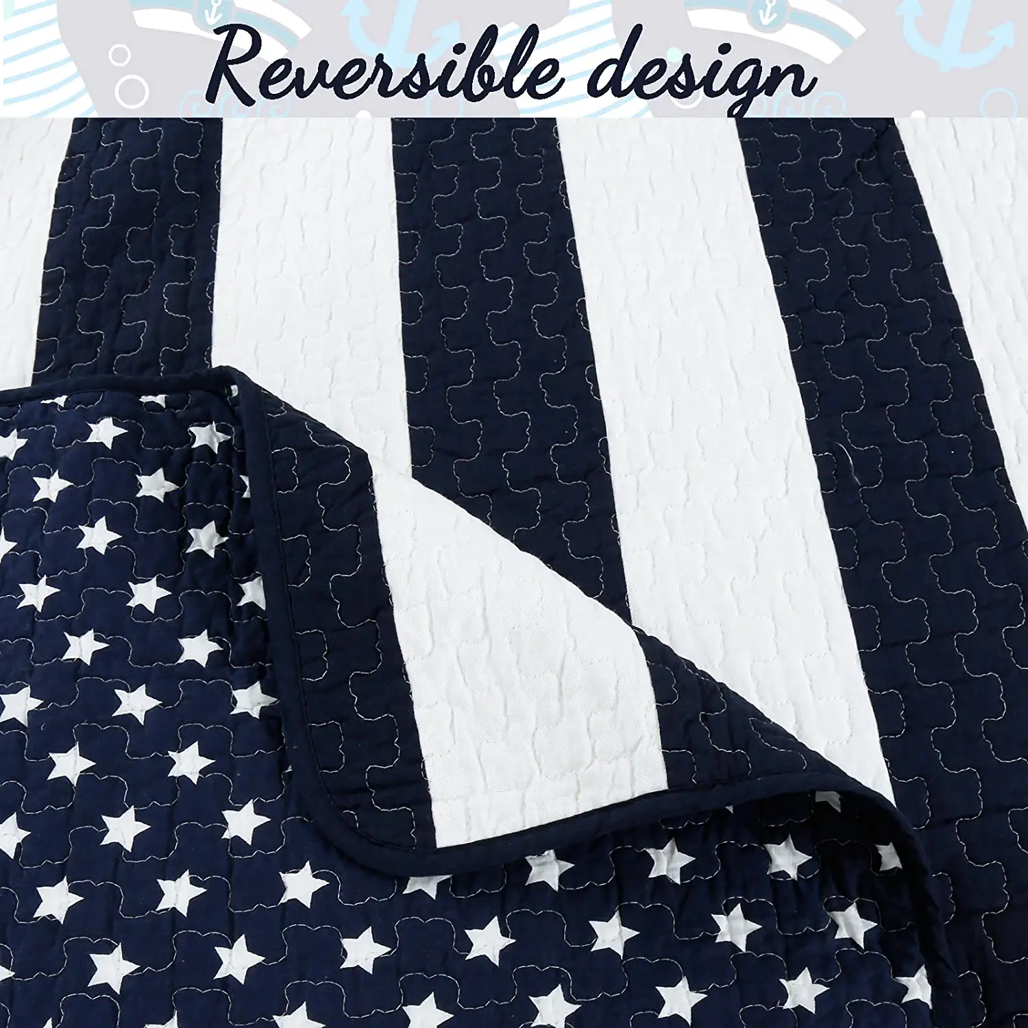 Cozy Line Home Fashions Nautical Navy Blue White Sailor Star Striped Printed Pattern 2 Piece 100% Cotton Quilt Bedding Set, Twin