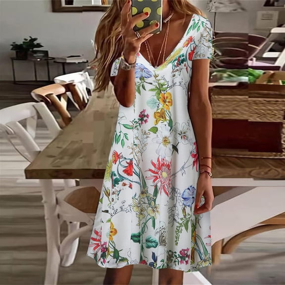 Ashirexll Summer Dresses for Women Sundress Casual V Neck Summer Floral Printed Short Sleeve Dress Beach A Line Dress White M