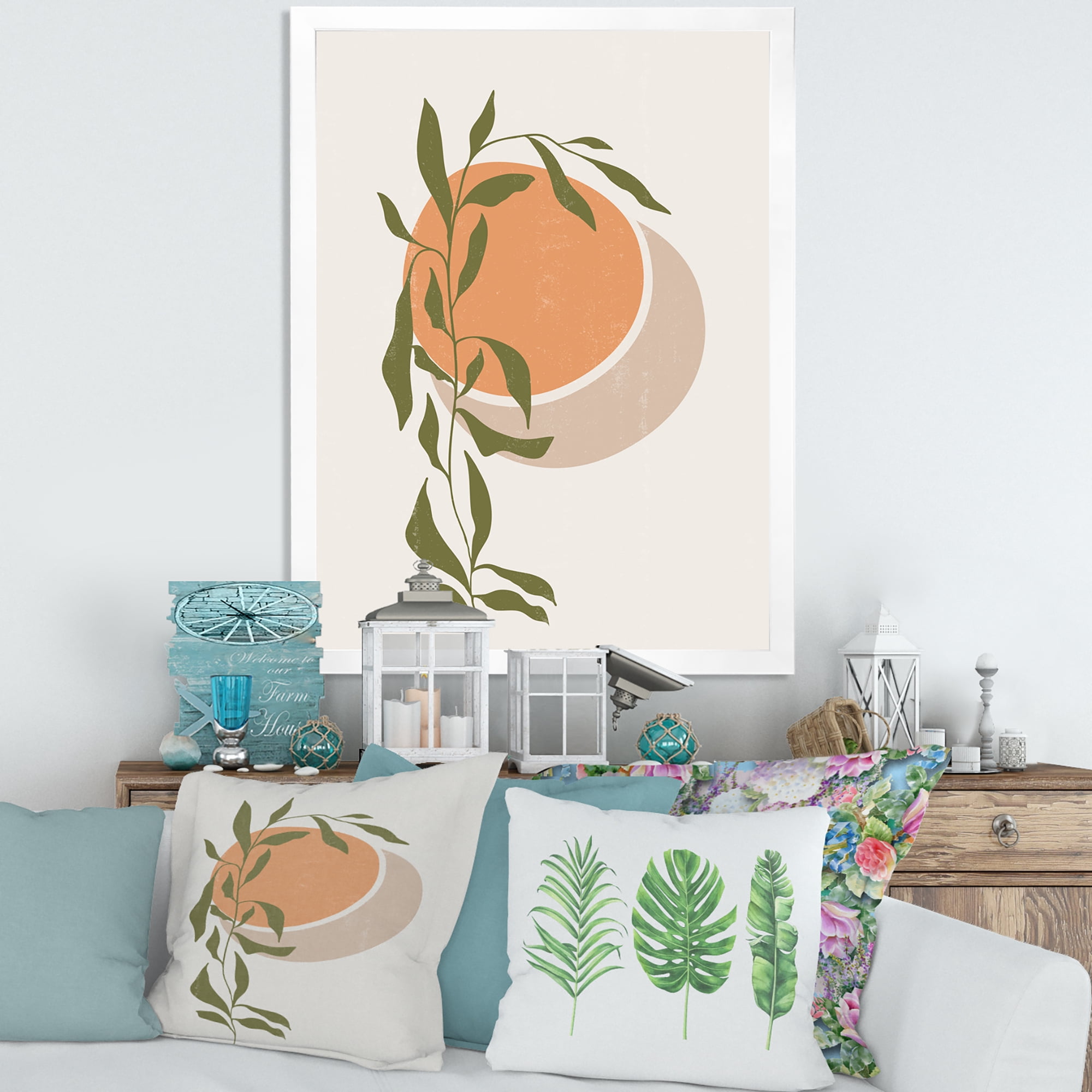 Designart 'Abstract Orange Moon and Sun With Tropical Leaf' Modern Framed Art Print