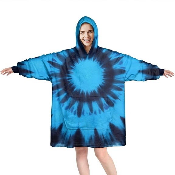 Blue Tie Dye Spiral Pattern Wearable Oversized Blanket,Wearable Blanket Hoodie for Adults,Cozy Hooded Blankets with Super Pockets,Super Warm Fuzzy Pullover for Women & Men