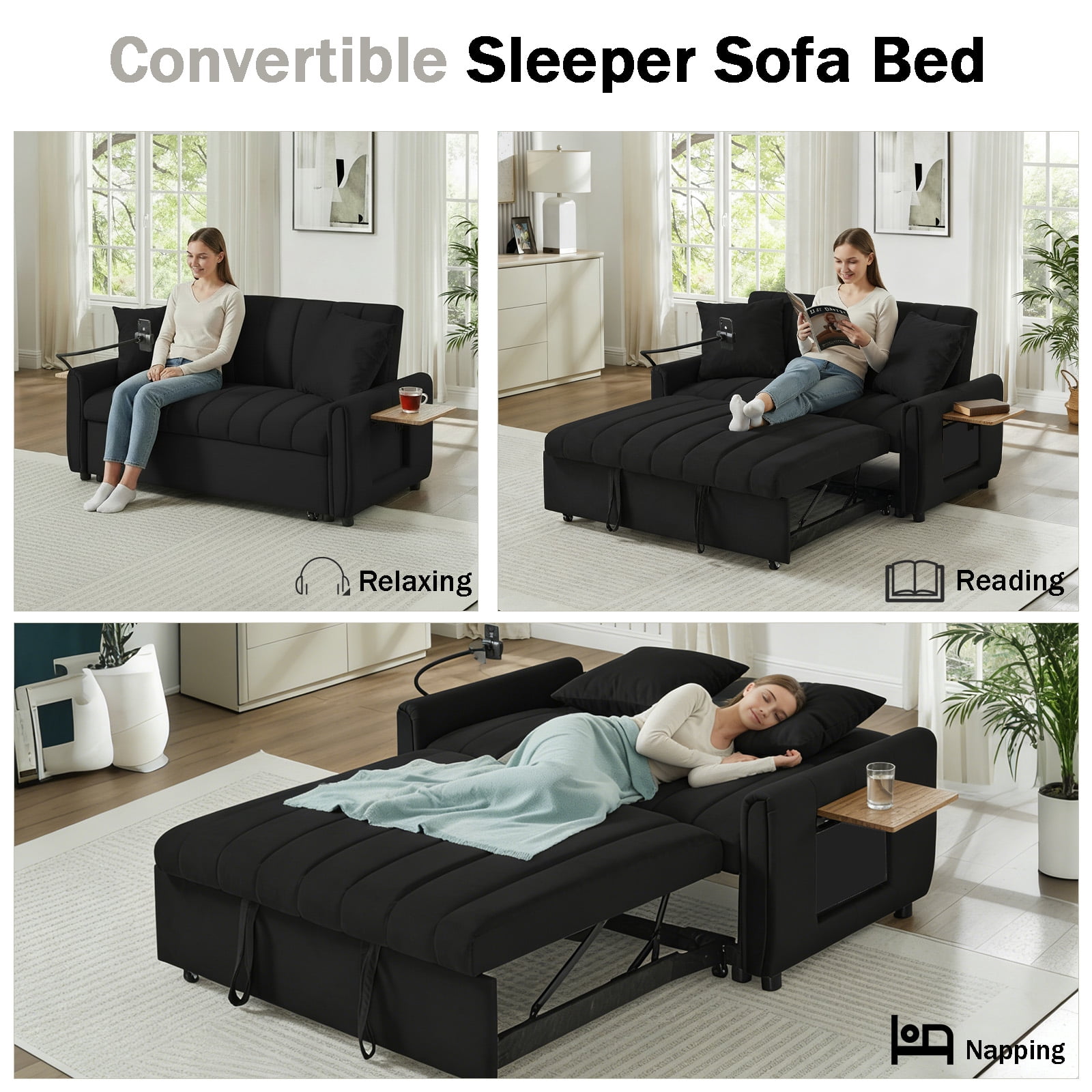 3‑in‑1 Convertible Sleeper Sofa Bed, Velvet Pull‑Out Loveseat Sofa with 3‑Level Adjustable Backrest, USB Charging Ports, Foldable Side Table & Phone Holder for Living Room Apartment, Black