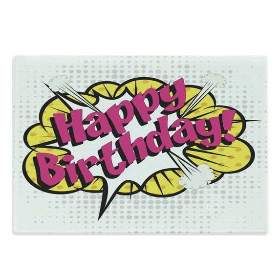 Birthday Cutting Board, Pop Art Comic Book Style Design Lettering Blast Effect with Dots Illustraiton, Decorative Tempered Glass Cutting and Serving Board, Large Size, Multicolor, by Ambesonne