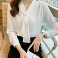 thumbnail image 4 of Olyvenn Women's Bow Tie Neck White Chiffon Blouses Office Lady Long Sleeve V-Neck Casual Loose Business Shirt White M, 4 of 6