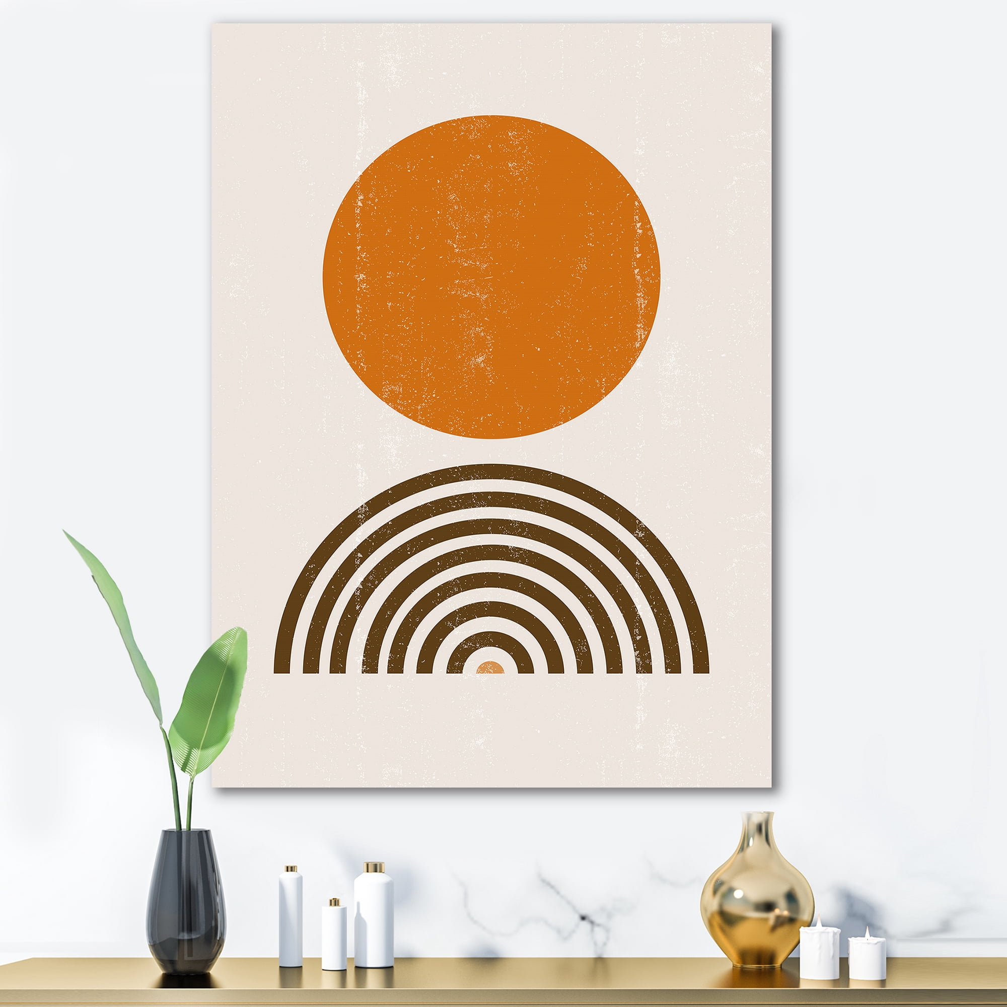 Designart ' Abstract Minimal Rainbow and Orange Sun I ' Modern Canvas Wall Art Print