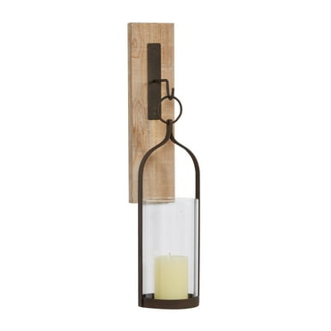 DecMode Brown Wood Wall Sconce with Suspended Black Metal and Glass Holder