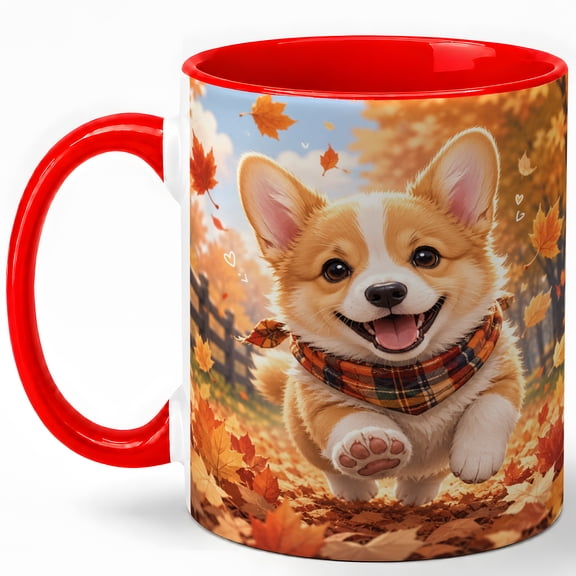 Cute Corgi Puppy Coffee Mug, Fall Leaves Dog Lover Autumn Design, 11 oz Ceramic Cup
