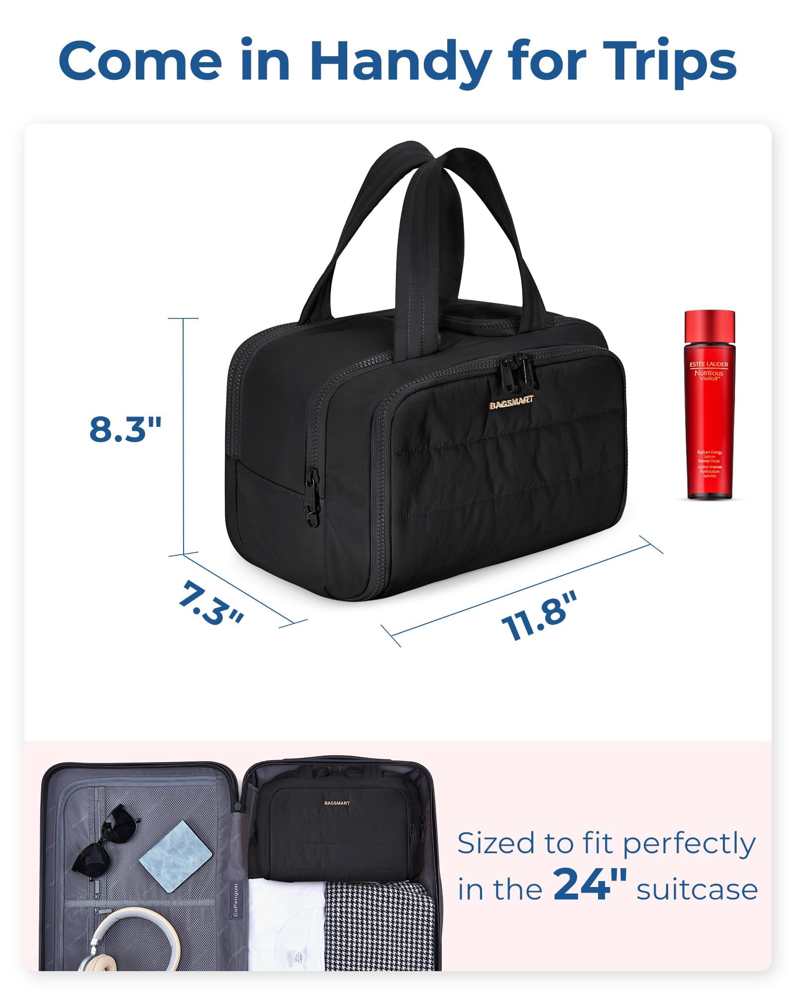 BAGSMART Crush Toiletry Bag for Travel, Lightweight Large Wide-open Travel Bag for Women, Puffy Cosmetic Makeup Bag Organizer with Handle for Accessories,Essentials, Toiletries, Black