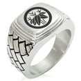 thumbnail image 1 of Stainless Steel Bamboo Kamon Crest Geometric Pattern Step-Down Biker Style Polished Ring, 1 of 1