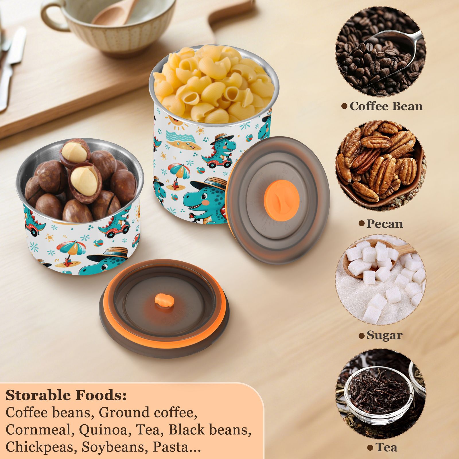 Dinosaur Driver Dino Airtight Coffee Bean Canister 30oz Food Storage Containers with Lids For Gournd, Tea, Sugar, Flour, Rice, Cereal, Candy Cookie Jar