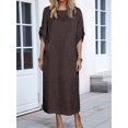thumbnail image 6 of Womens Loose Fit Casual Solid Color Short Sleeve Linen Blend Midi Dress Summer Brown L, 6 of 7