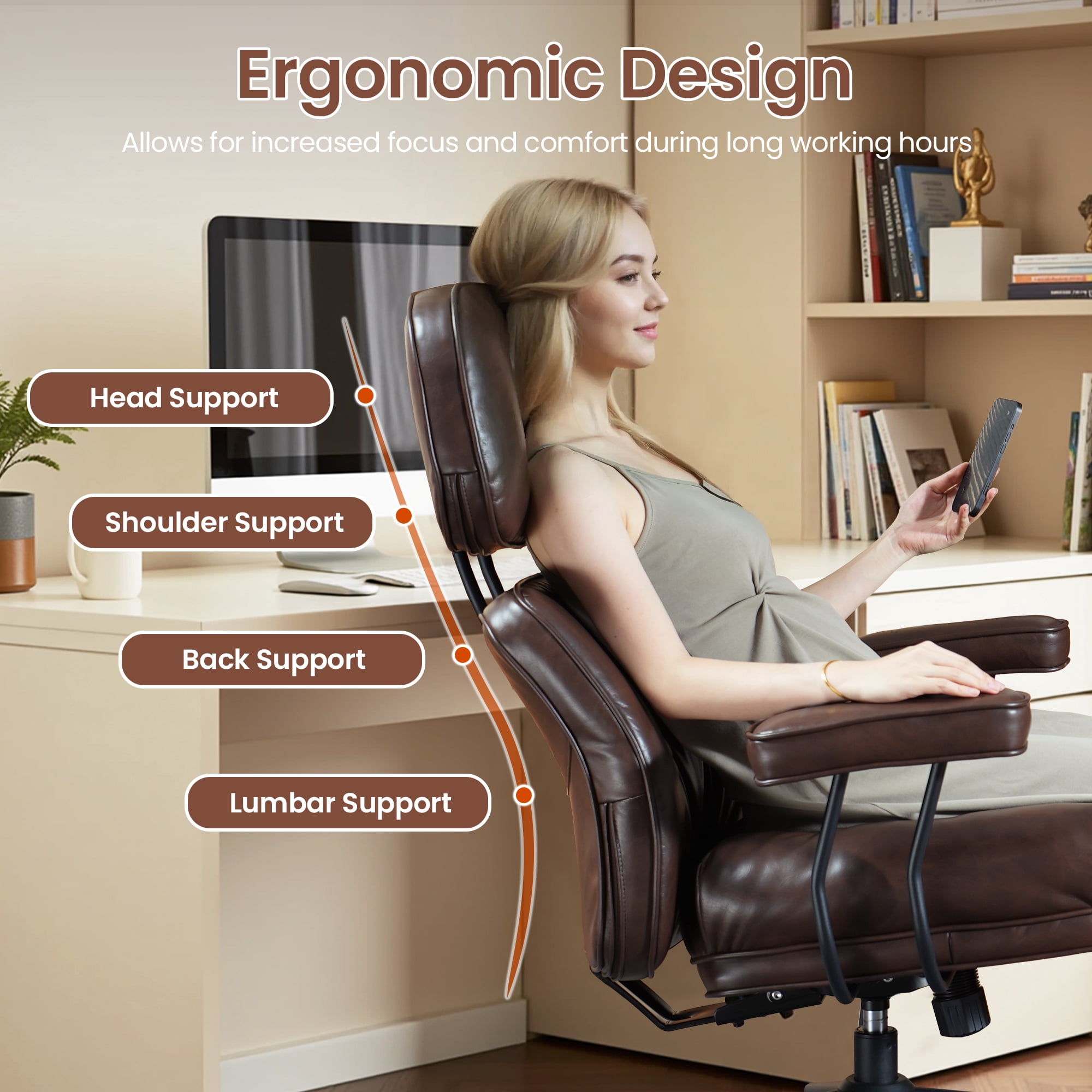 XIZZI Executive Office Chair, Oversized Computer Desk Chair with High Back, Ergonomic Elegant Design, Multi-Layer Memory Foam Cushion, Dark Brown (PU Leather)