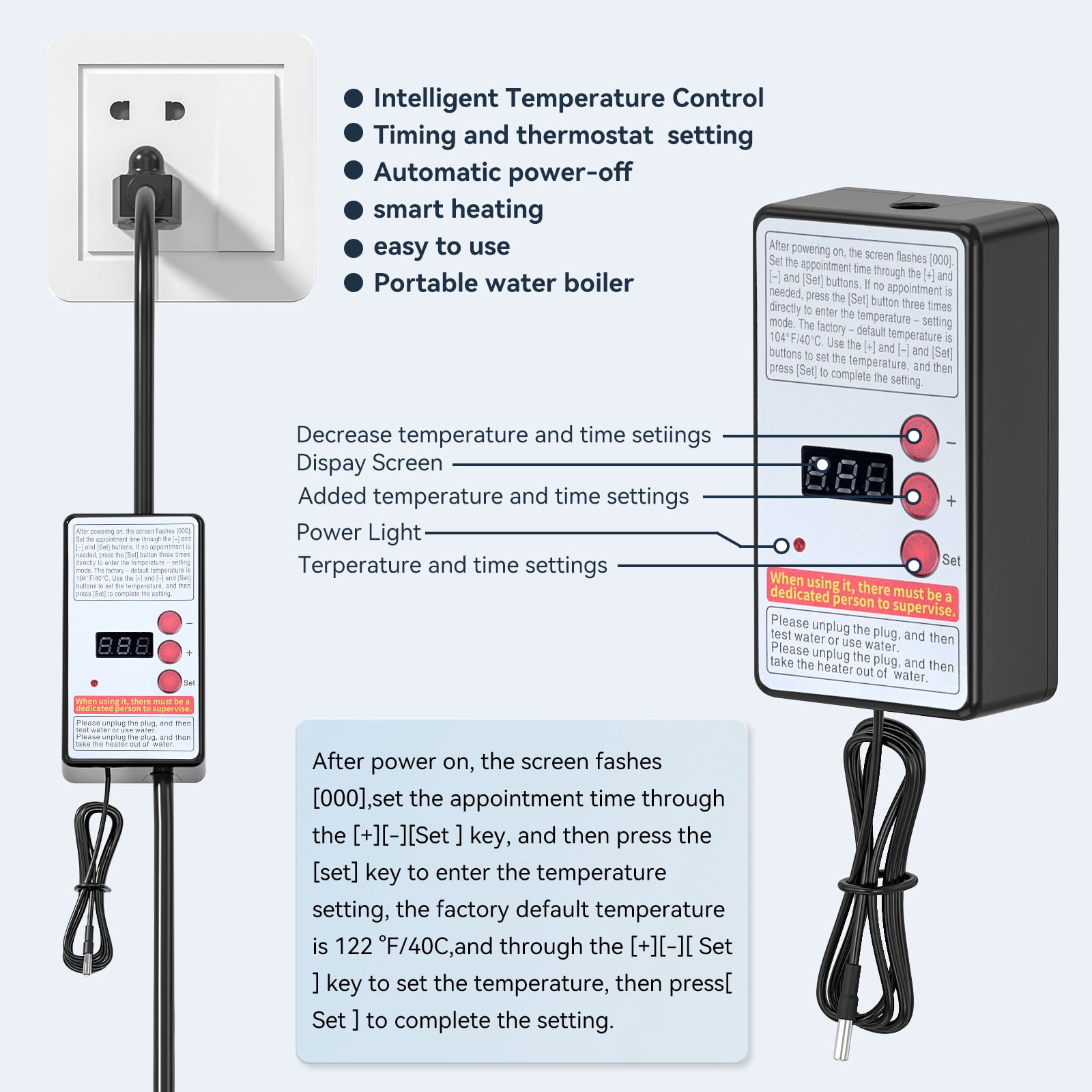 2000W Immersion Water Heater with Thermostat  Floating Bucket Heater with Timing Temperature Control Setting Auto Shut-Off 304 Stainless-Steel Guard Water Heater Rapid Heating in Minutes