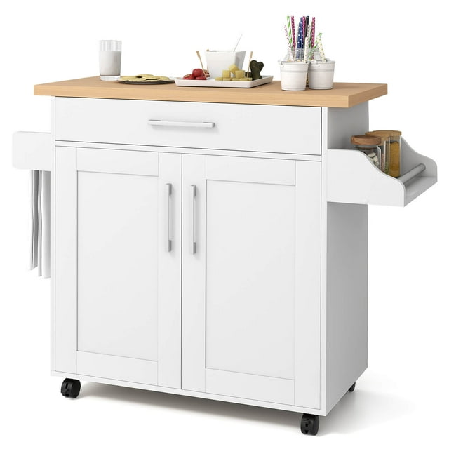Costway Chariot Îlot de Cuisine Roulant Armoire de Rangement avec Porte-Serviettes et Porte-Épices Blanc
