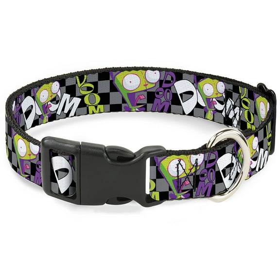 Nickelodeon Pet Collar, Dog Collar Plastic Buckle, Invader Zim GIR Doom Pose Checker Black Gray, 7 to 8.5 Inches 0.5 Inch Wide