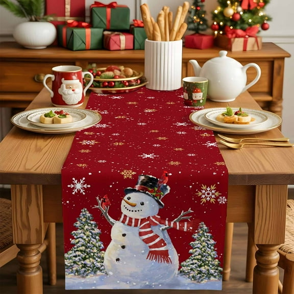 Winter Christmas Tree Snowman Snowflakes Table Runner Dresser Scarf,Kitchen Dining Table Decoration Red White Linen Table Runners for Home Wedding Indoor Outdoor Party,13x70in