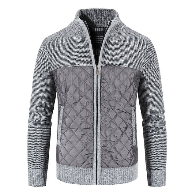 CEHVOM Mens Zip Up Knitted Cardigan Thick Sweater Stand Collar Fleece Lined Warm