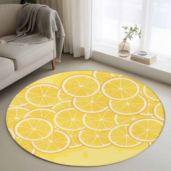 Round Rug 4Ft Washable Non-Slip, Yellow Lemon Circle Area Rugs for Living Room Bedroom, Summer Botanical Watercolor Modern Art Indoor Floor Mats Carpet Runner for Home Decor Aesthetic