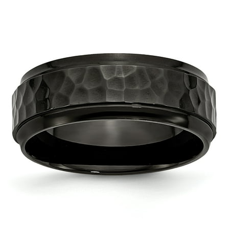 Roy Rose Jewelry Stainless Steel 8mm Black IP-plated Hammered/Polished Beveled Edge Band Ring ~ Size 11